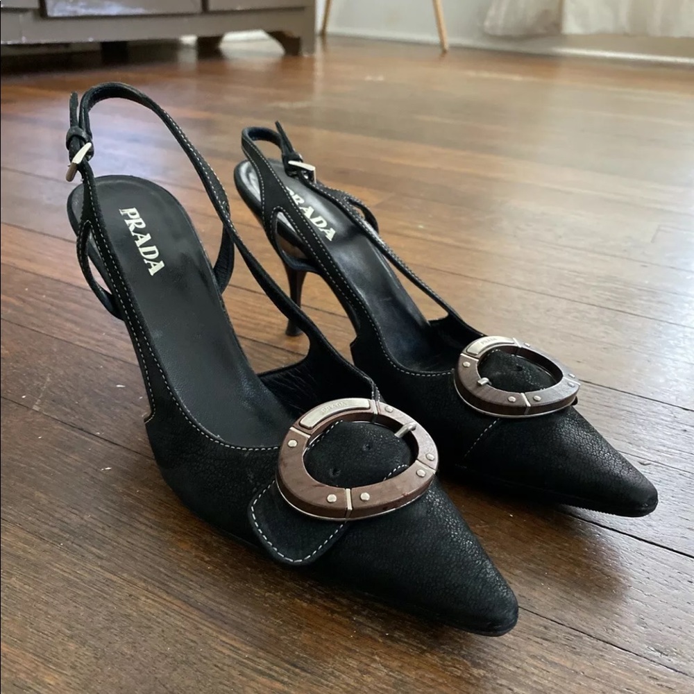 Prada Women Black Heels Vintage Wood Buckle 38.5